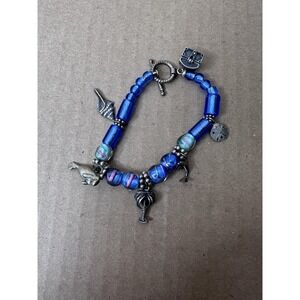 Sterling Silver 925 Blue Glass Beaded Sea Life Charm Bracelet Toggle